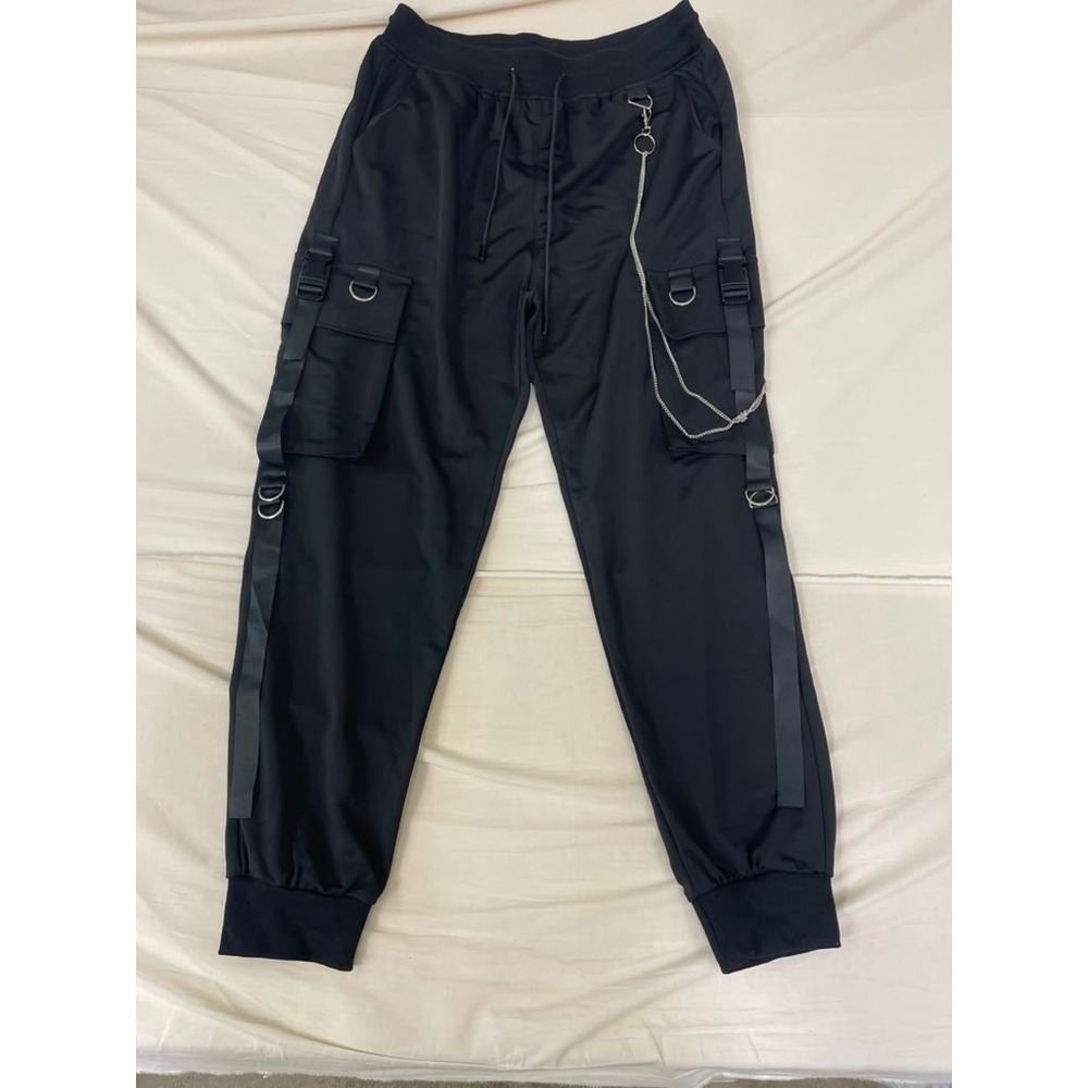 Meinvqiaoti Mens Techwear Cargo Joggers Black Strappy Streetwear Pants XL New